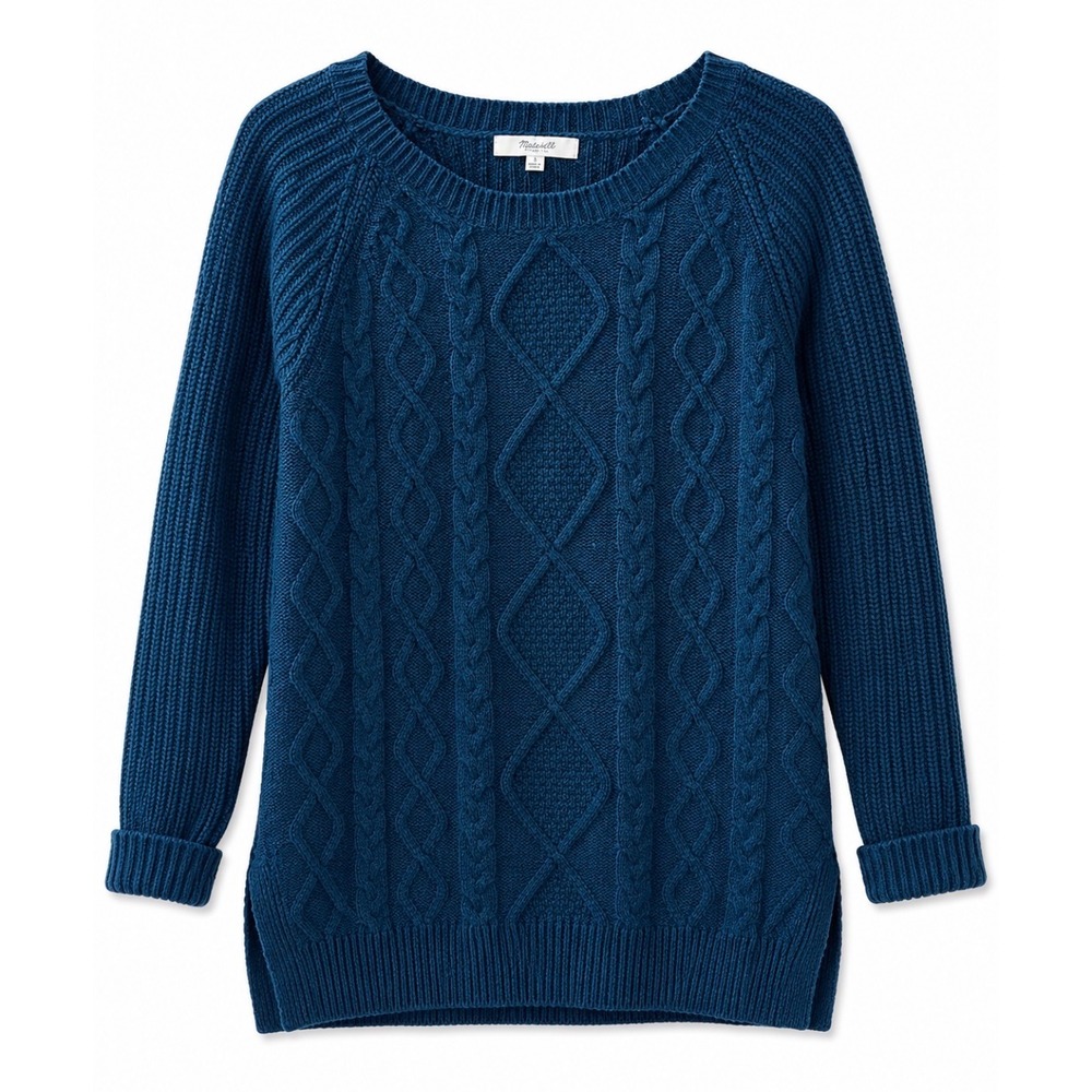 Madewell 100% Merino Wool Cable Knit Sweater Small Blue Chunky Pullover